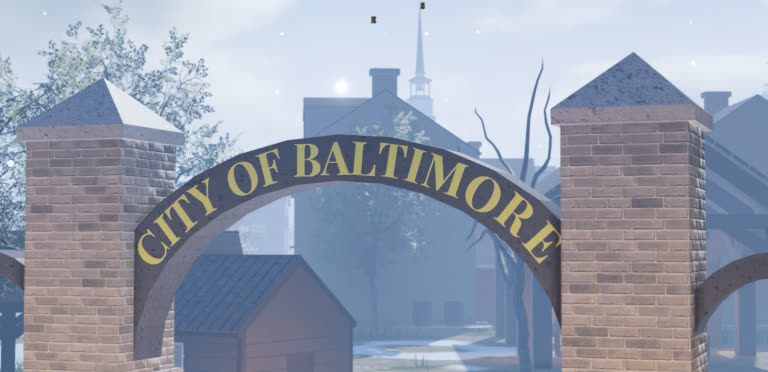 The City of Baltimore 1819 map: a brick archway reading City of Baltimore with a church spire behind it
