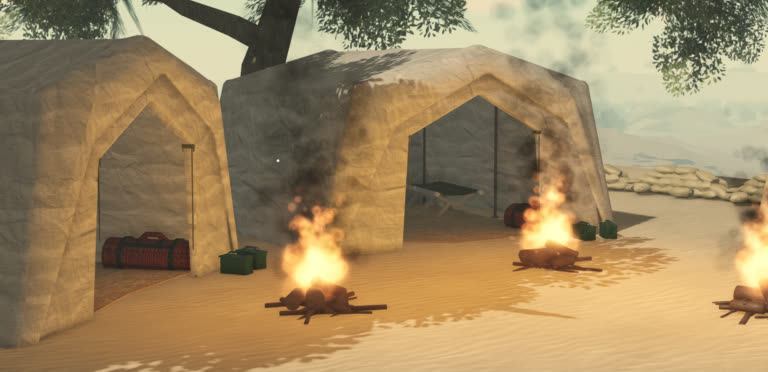 The Kandahar Afghanistan 2004 map: canvas tents and campfires in a desert camp