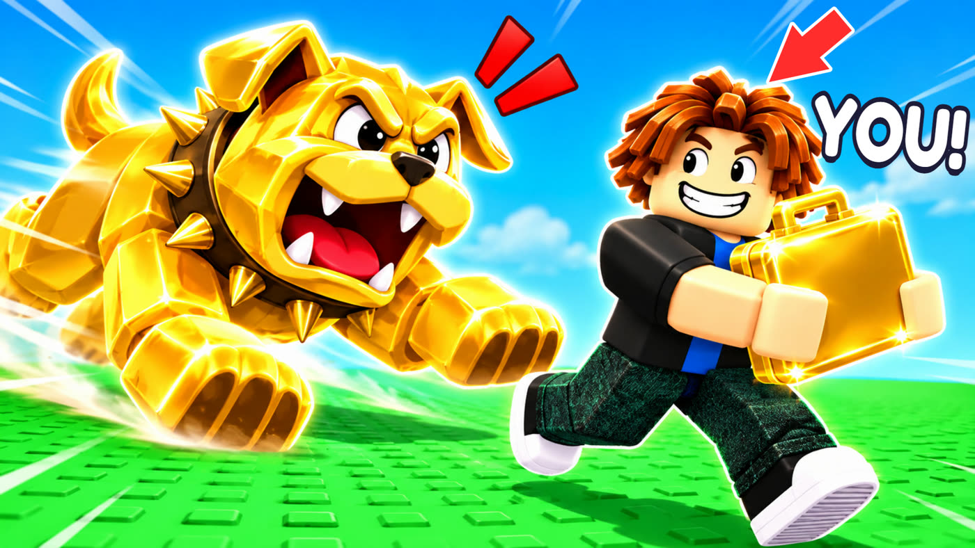Ad: the player running off with the Golden Briefcase, chased by a gold guard dog