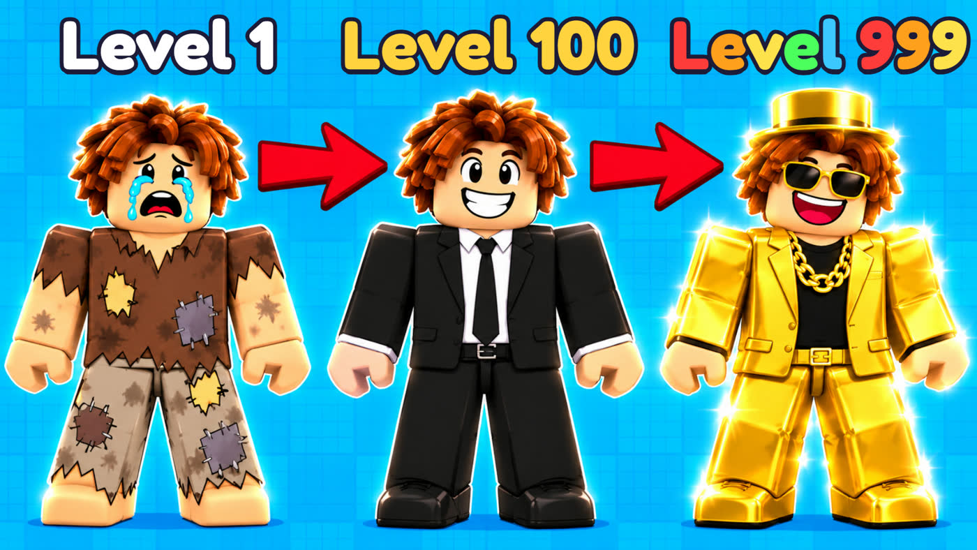 +1 Cash Grab thumbnail: the same player at Level 1 in rags, Level 100 in a suit and Level 999 in gold