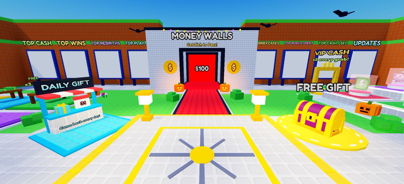 The spawn in Cash Town facing the Money Walls corridor, with the Daily Gift and Free Gift stands