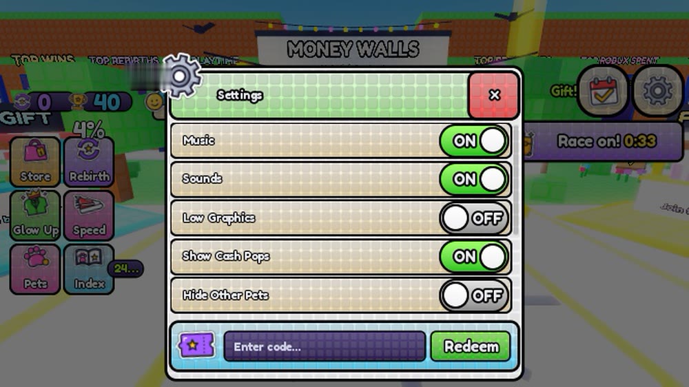 The Settings window with music, sounds and graphics toggles and a box to redeem codes