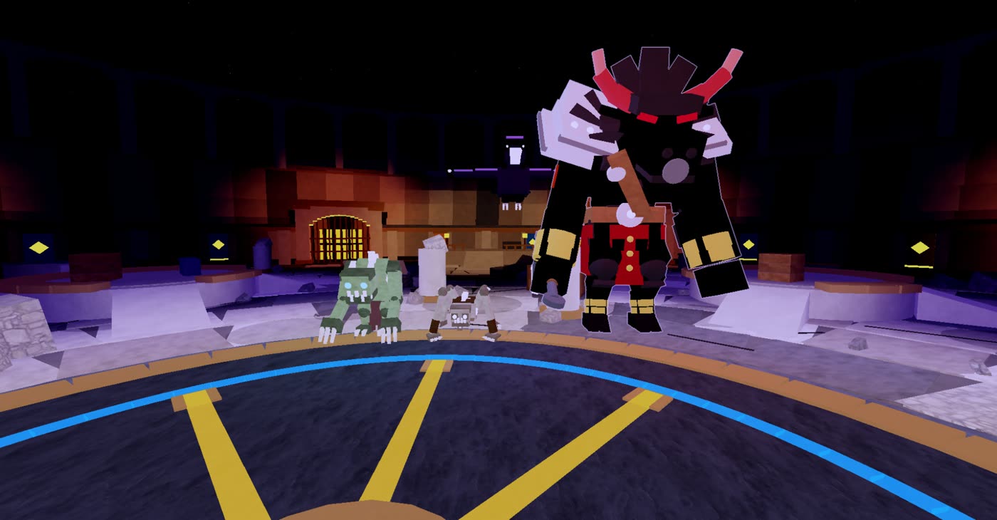 Last Wave's monsters in the moonlit colosseum: the Ghoul, the Gravecrawler, the Nightfeather and the Minotaur Warlord