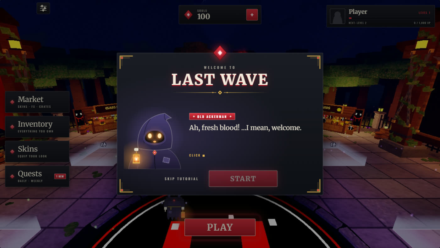 The tutorial's welcome card in the lobby: Old Ackerman says 'Ah, fresh blood! …I mean, welcome.' with START and SKIP TUTORIAL buttons