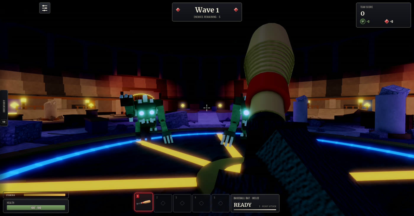 First-person view in wave 1 with two Ghouls, the wave card, team score, hotbar, health and stamina bars
