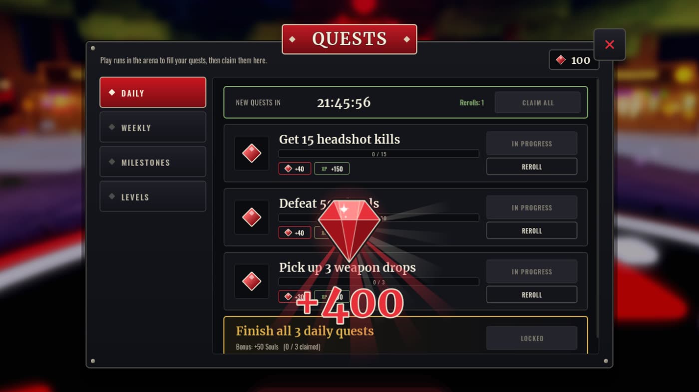 The Quests menu with daily quests and a big red gem bursting into +400 Souls