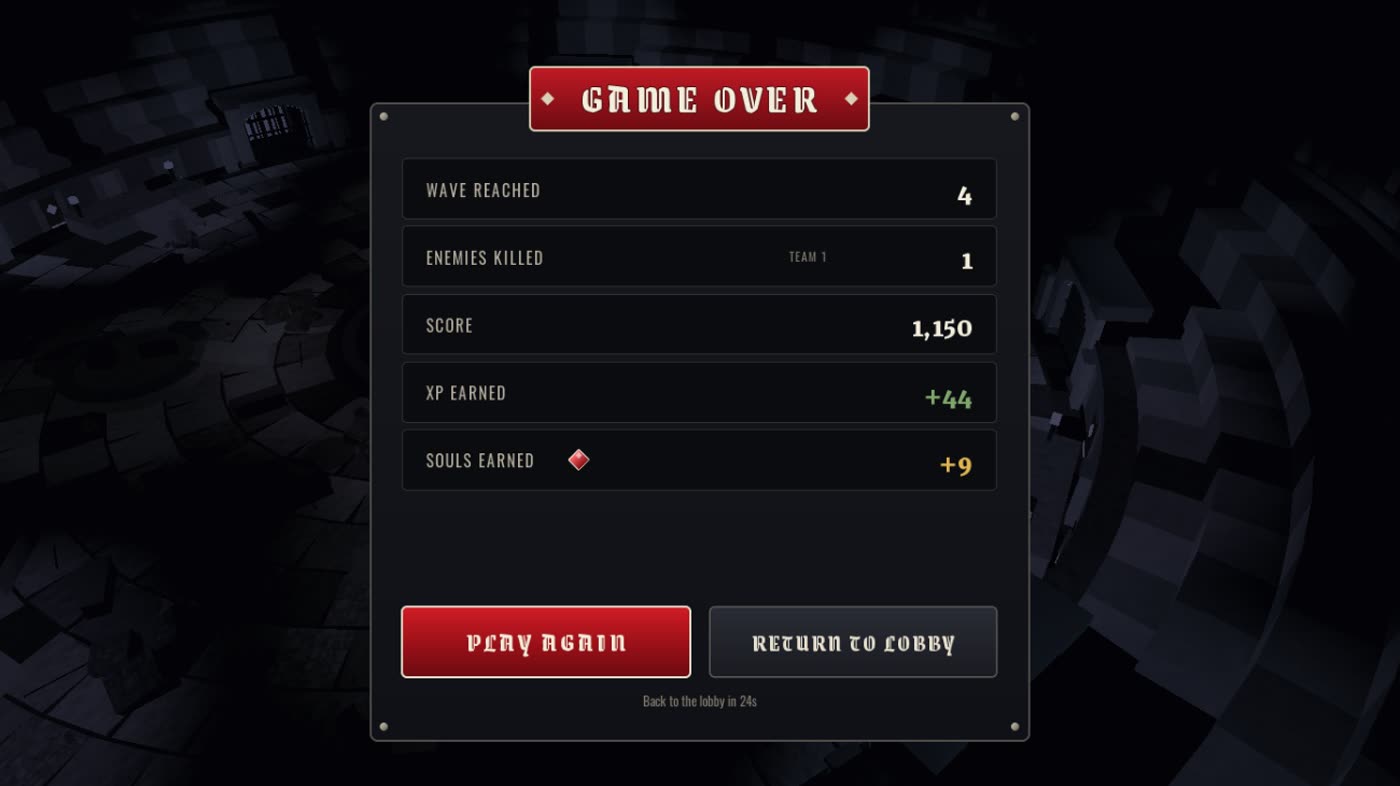 The GAME OVER results card: wave reached, enemies killed, score, XP and Souls earned, with Play Again and Return to Lobby