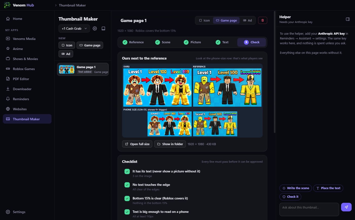 Thumbnail Maker check step: a Roblox game thumbnail next to its reference, at full size and phone size, above a pass/fail checklist