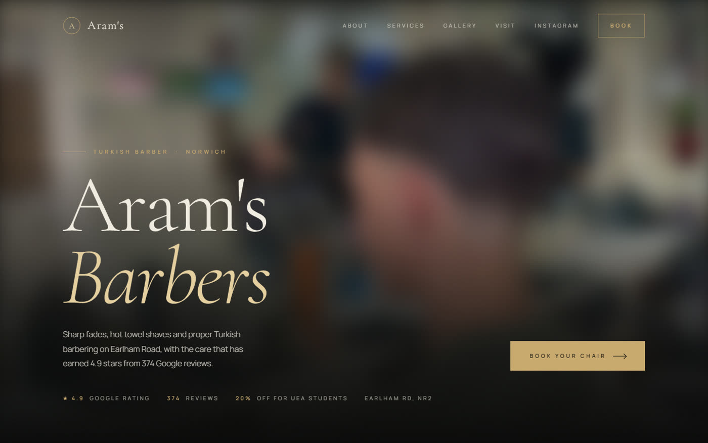 Aram's concept site on a laptop: hero with rating, reviews and student discount