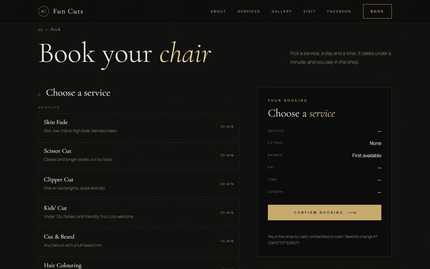 Fun Cuts booking section: service list and a booking summary card