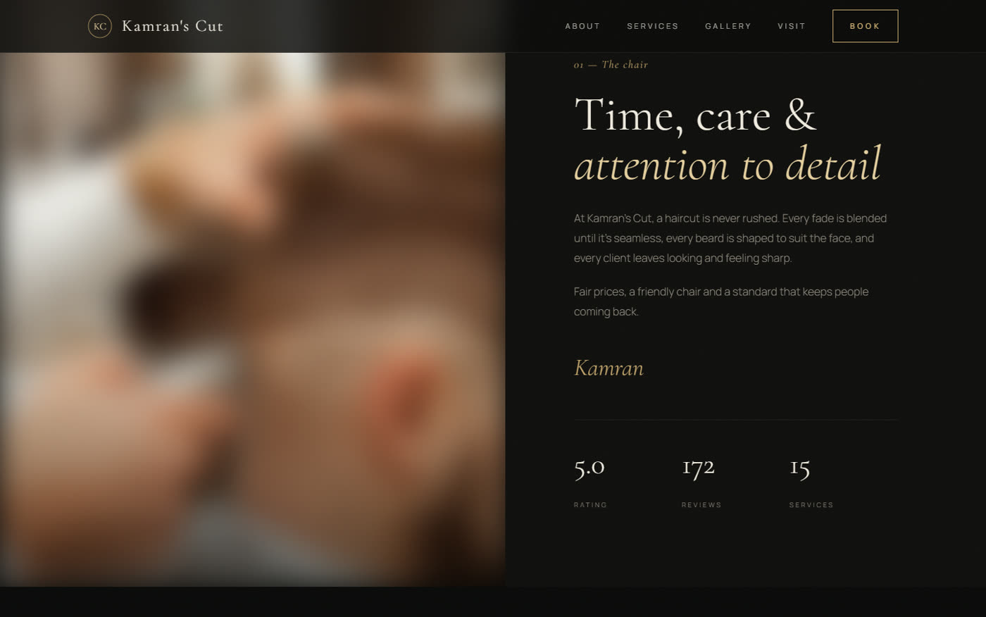 Kamran's Cut about section with rating, reviews and number of services