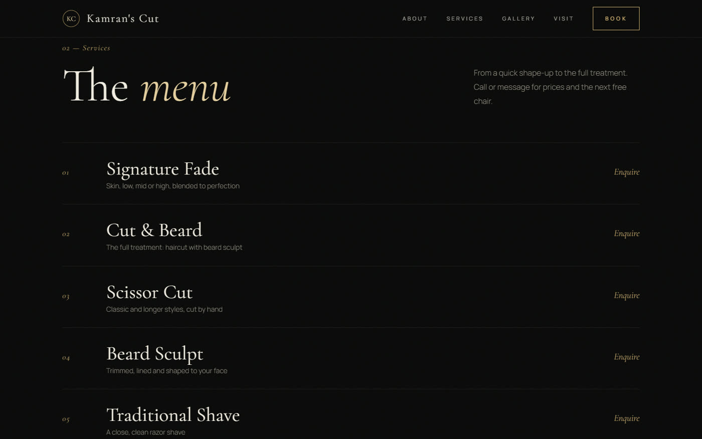 Kamran's Cut service menu